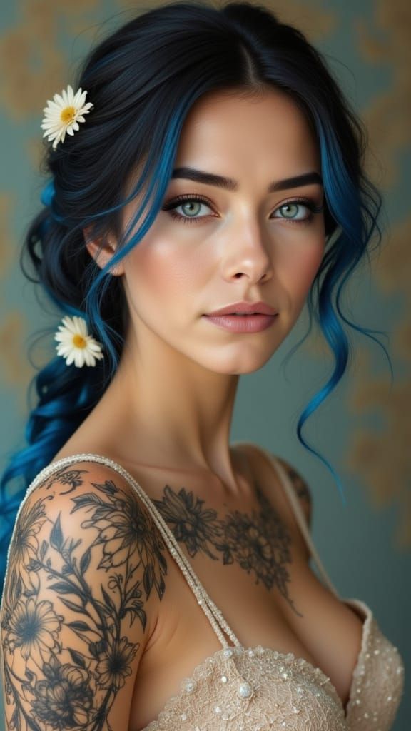 Woman with Floral Tattoos and Braided Hair