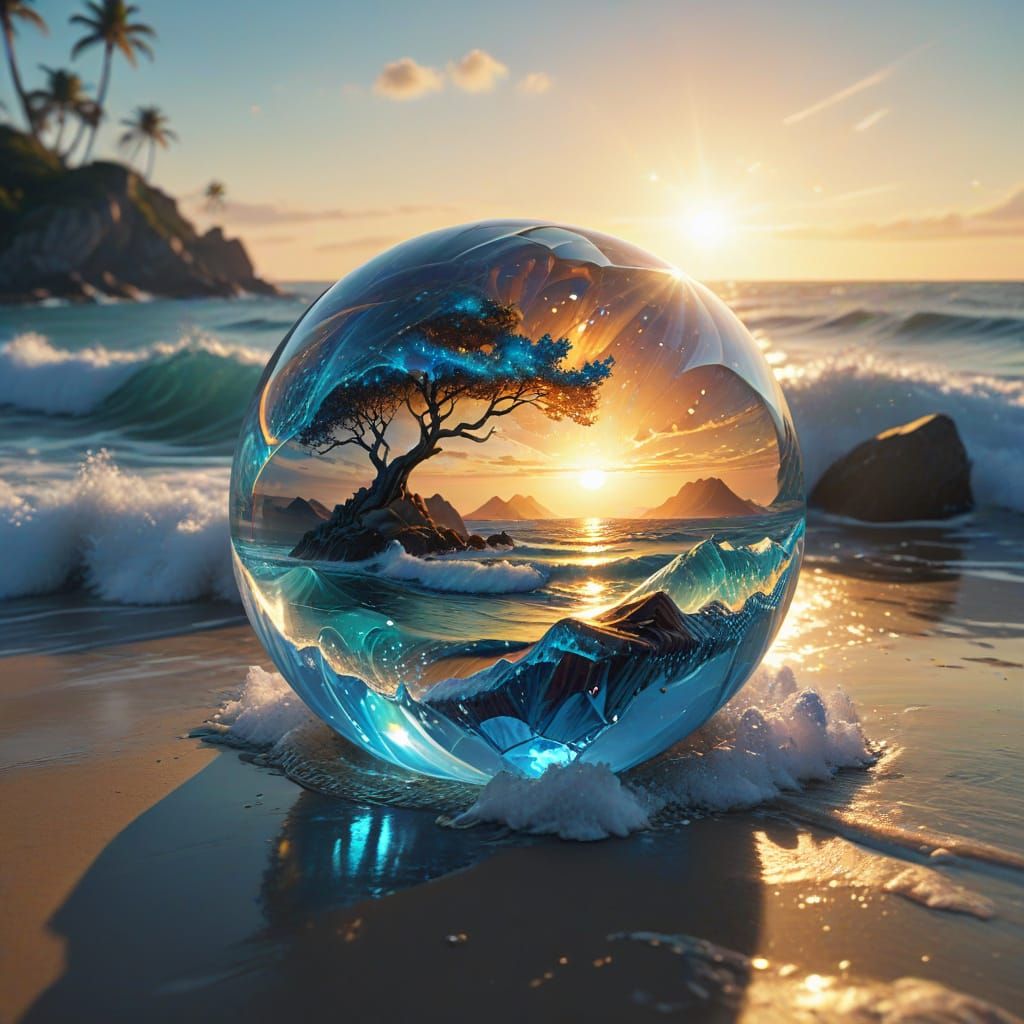 "A faceted orb rests on a shore as waves crash around it. In...