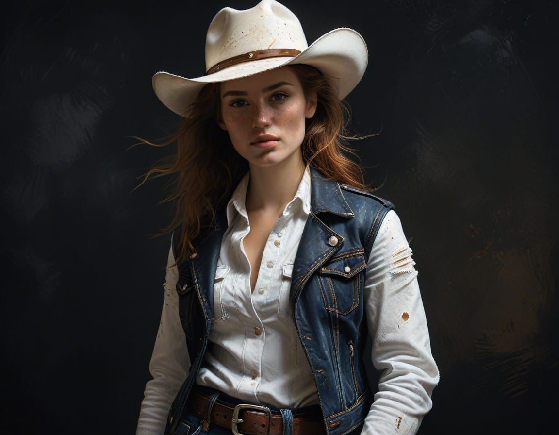 Cowgirl Fashion: White Hat, Big Belt, Leather Jacket