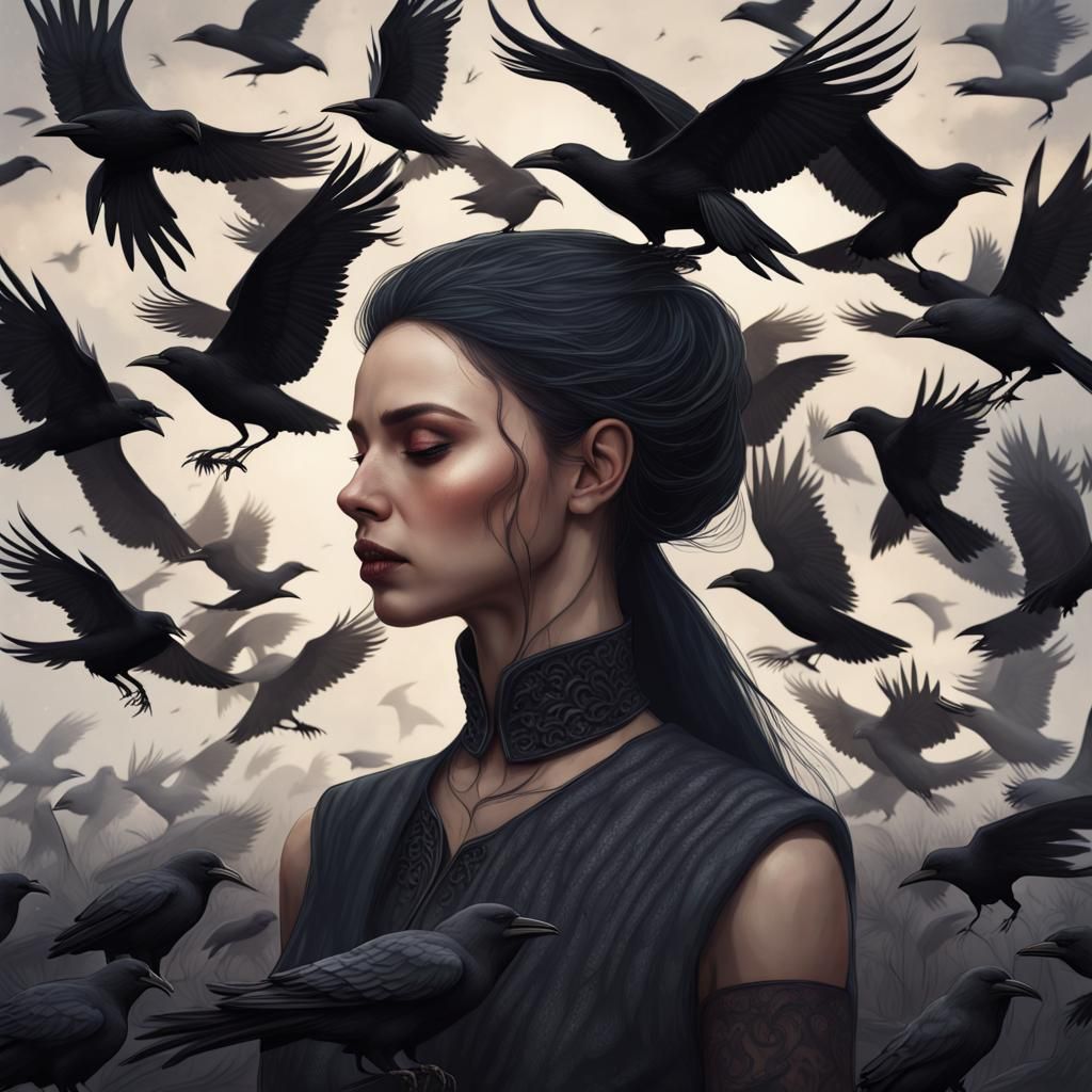 Gothic Crow Portrait of Sad Woman