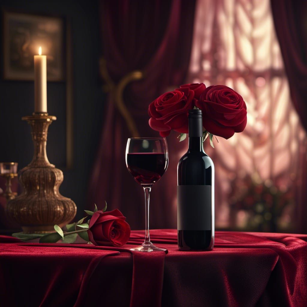 Dramatic Still Life with Red Wine and Rose