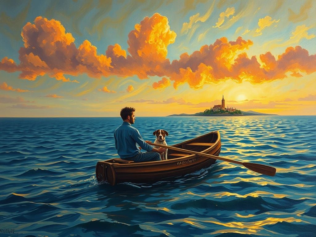 Rowing to the Edge of Dusk in Impasto Oil Painting