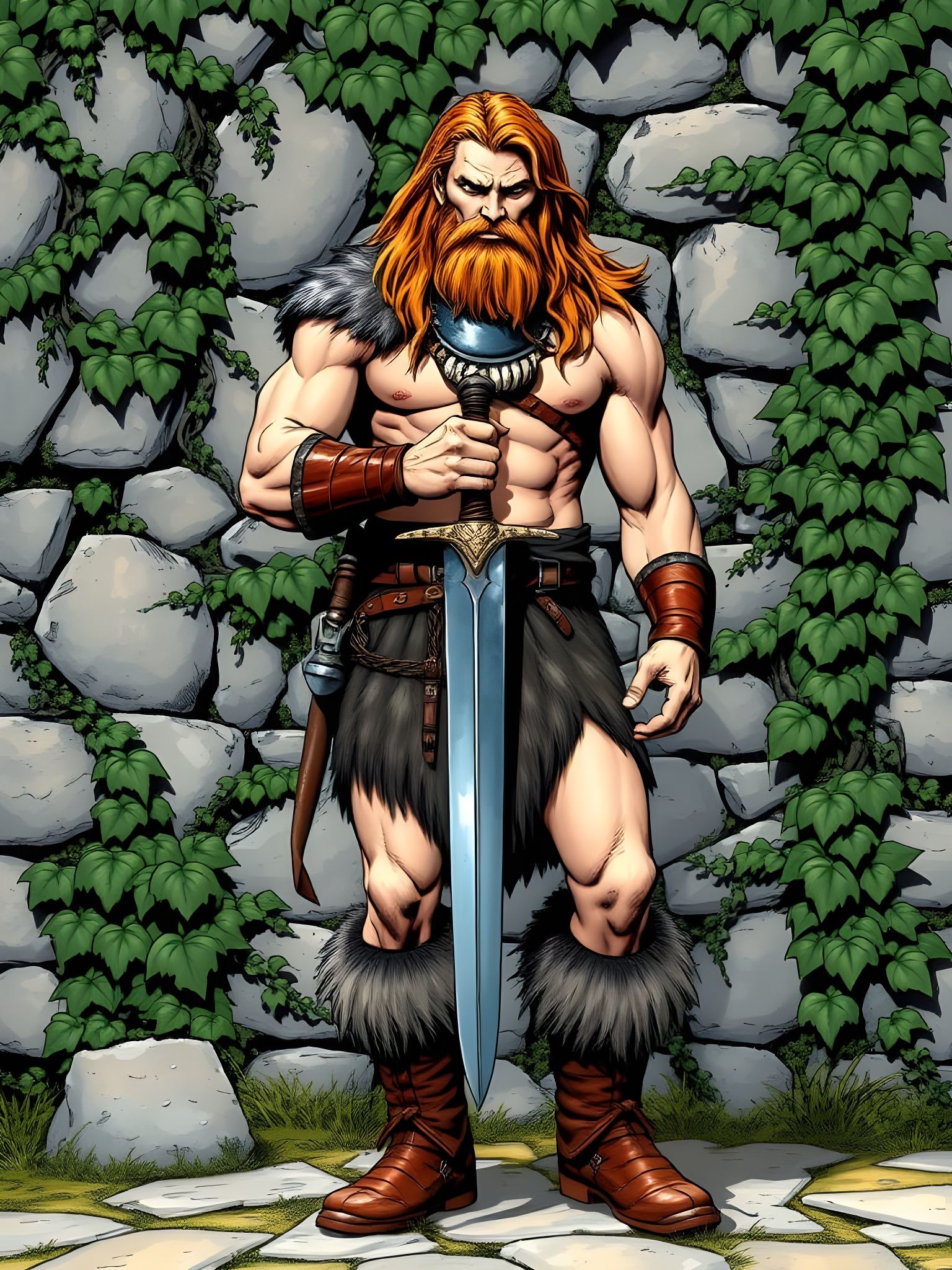 Sword-Wielding Barbarian in Ancient Landscape