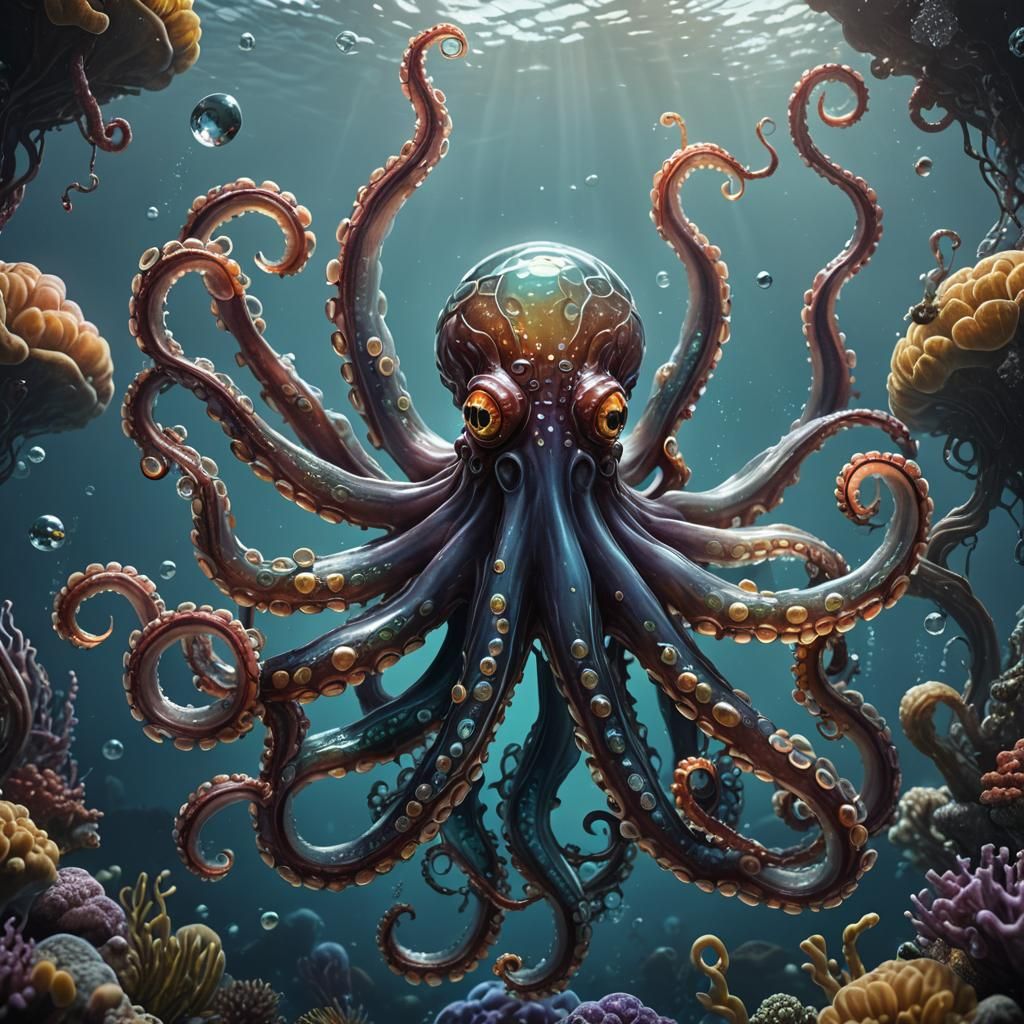 Glass Octopus in the Ocean: Detailed Matte Painting