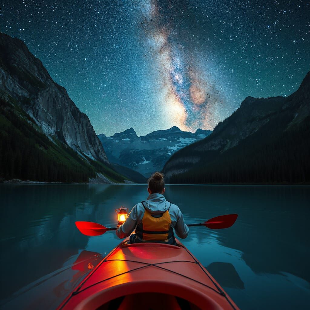 Serene Kayaker Under Starry Mountains