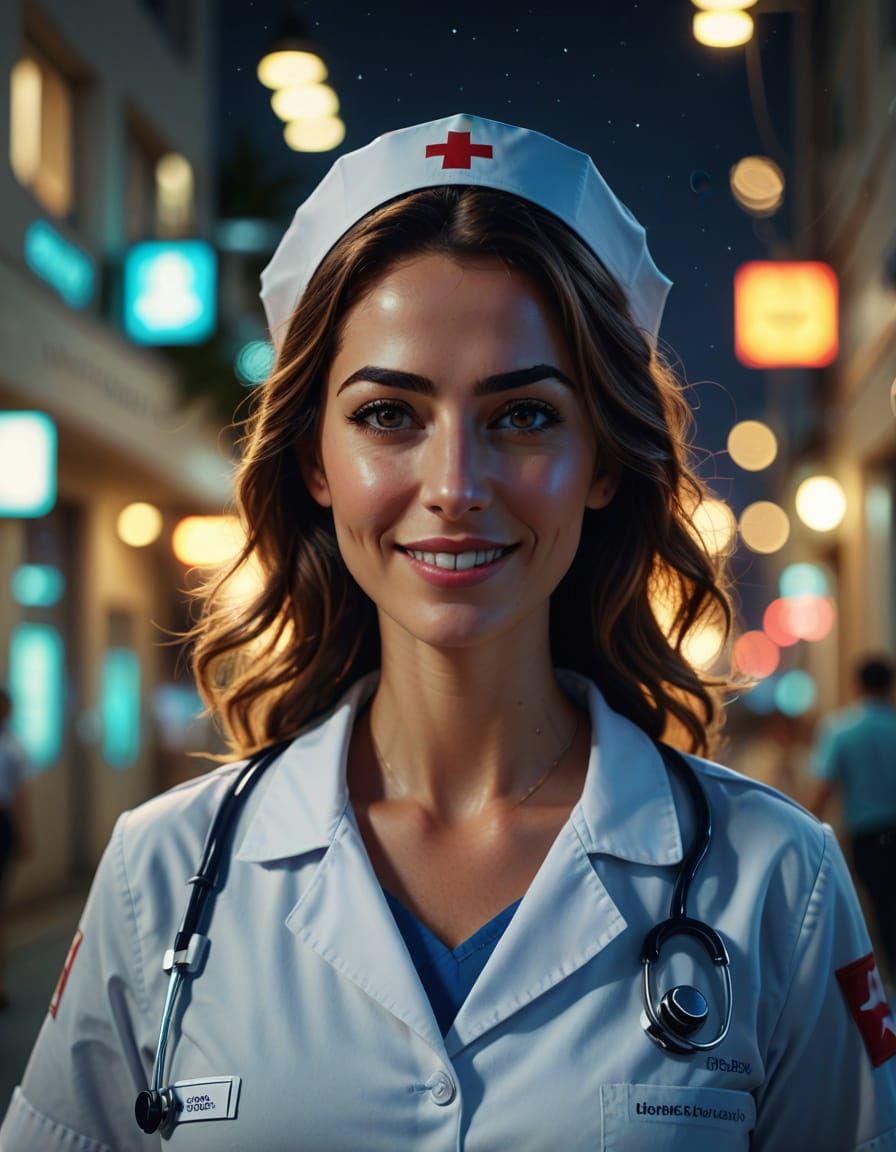 Israeli Nurse at Night in Vibrant Digital Art