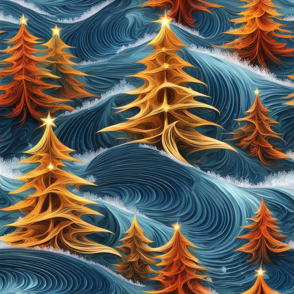 Abstract Christmas Trees in the Ocean with Fractal Design