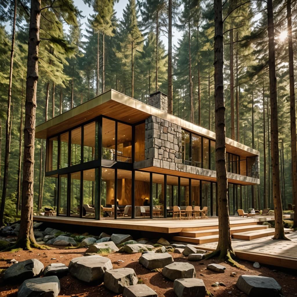 Luxurious Eco-Retreat with Geometric Stone and Gold Accents