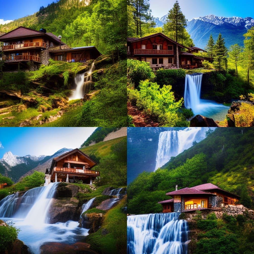 Mountain House with Waterfall in Natural Light