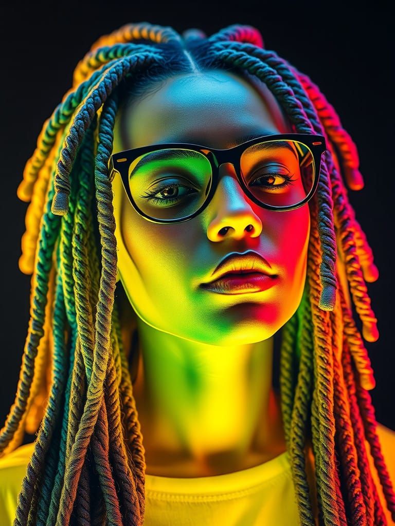 Holographic Vaporwave Rasta Queen with Cybernetic Accents