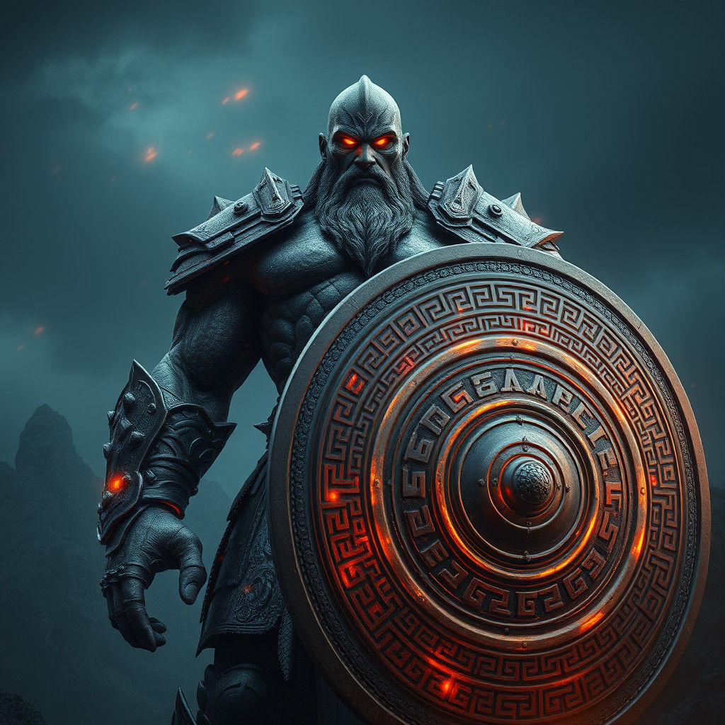 Granite Warrior with Fiery Eyes and Shield