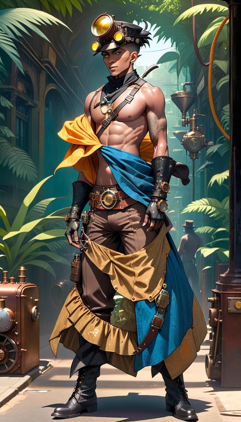 Steampunk Man in Bombay Jungle Sunlight