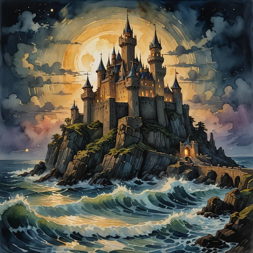 Mystical Castle Seascape in Gouache Watercolor