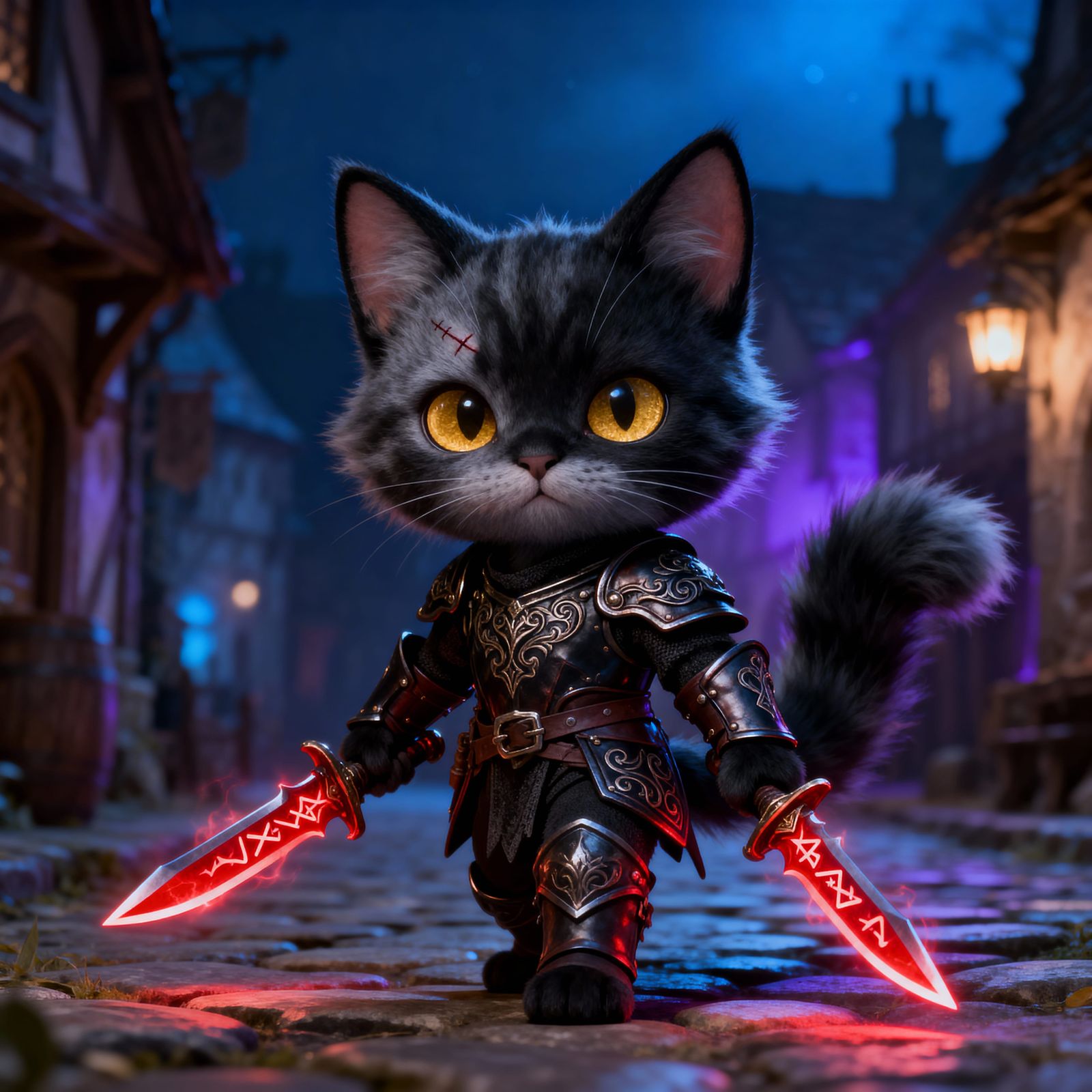 Cute Kitten Rogue in Leather Armor with Glowing Daggers
