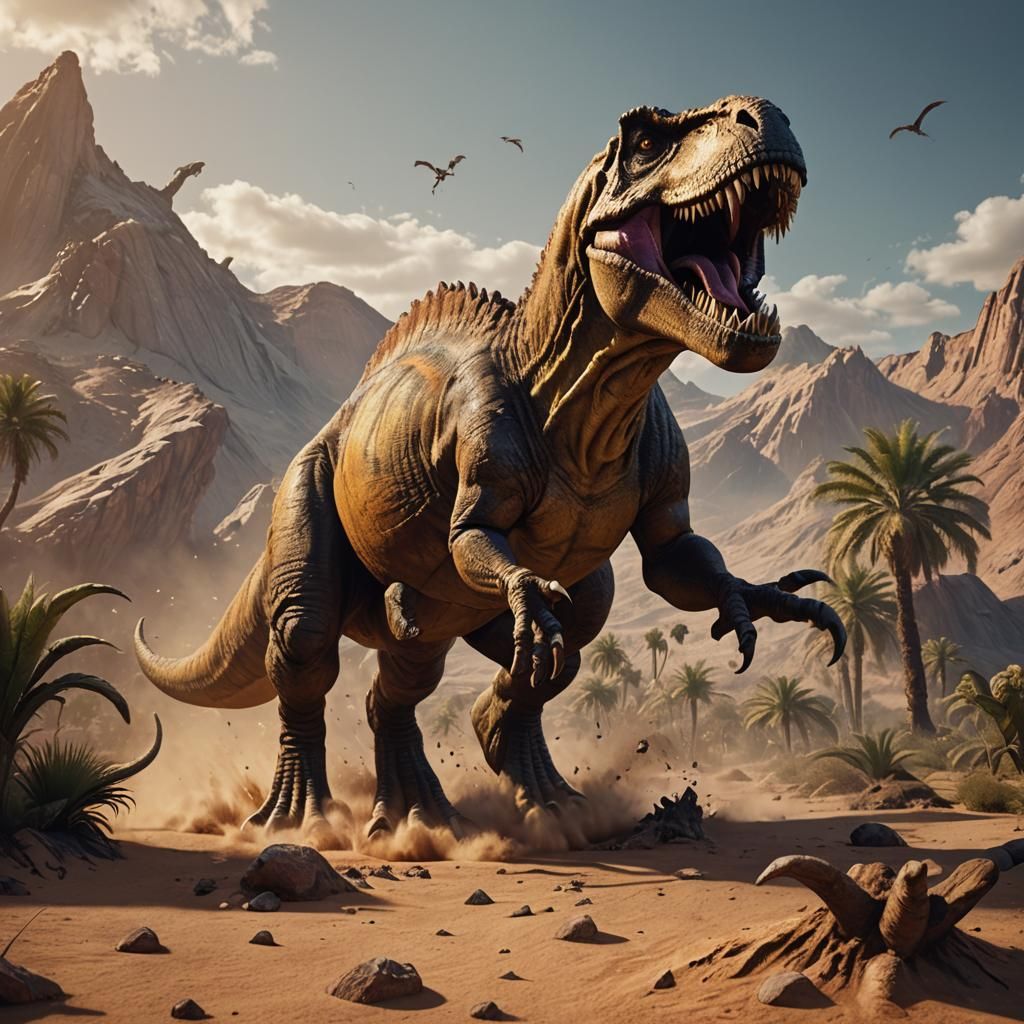 T-Rex Roaring in Desert Landscape: Detailed Matte Painting