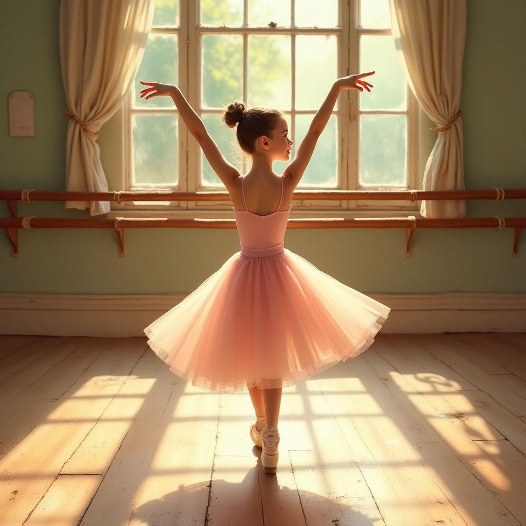 Young Ballet Dancer in Sunlit Studio, Whimsical Style