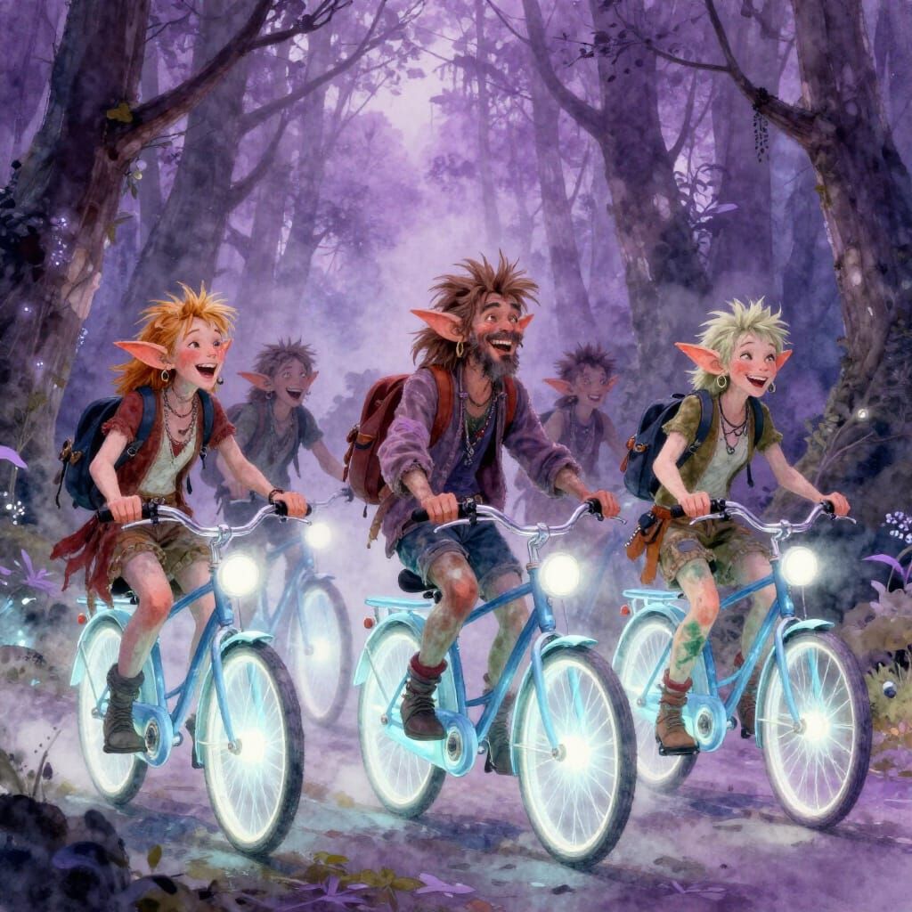 Tidal Punk Elves Laughing on Luminescent Bicycles in Glowing...