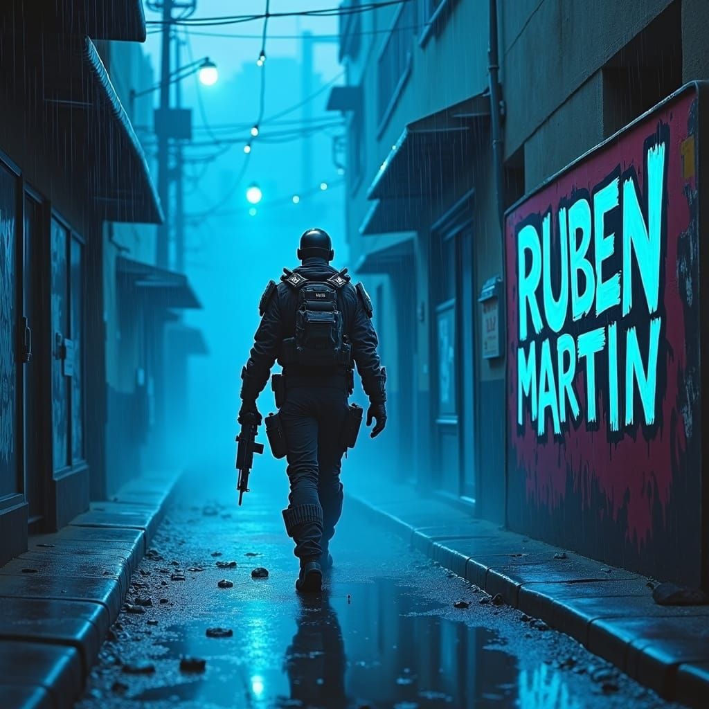 Neon Soldier in Rainy Cyberpunk Cityscape