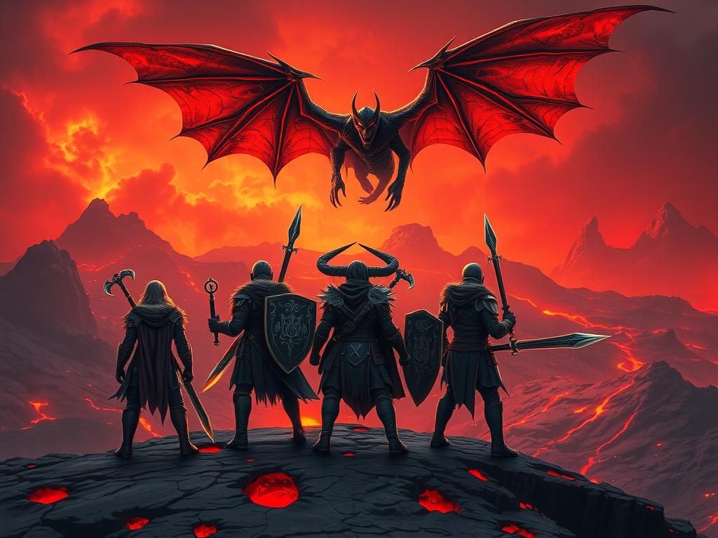 Adventurers Face Infernal Demon in Apocalyptic Landscape