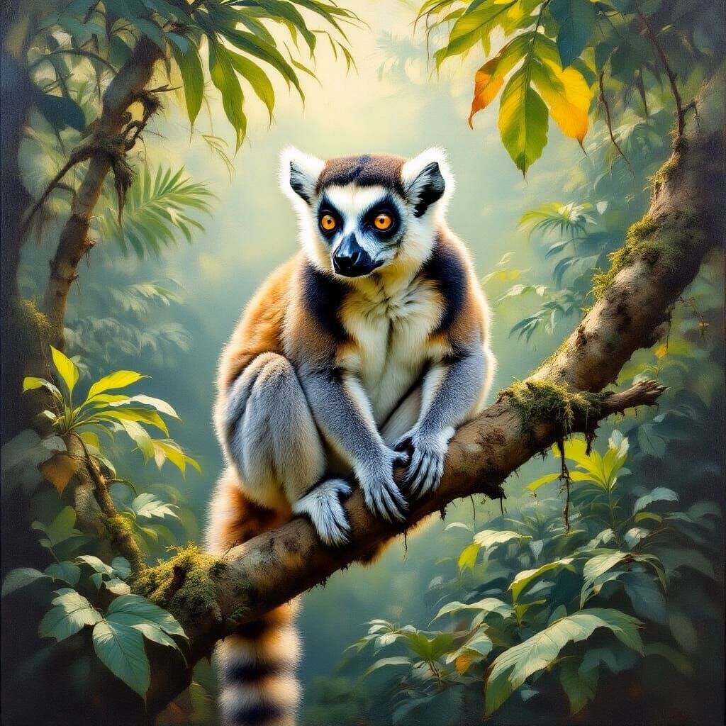 Lemur Perched on Tree Branch in Lush Habitat