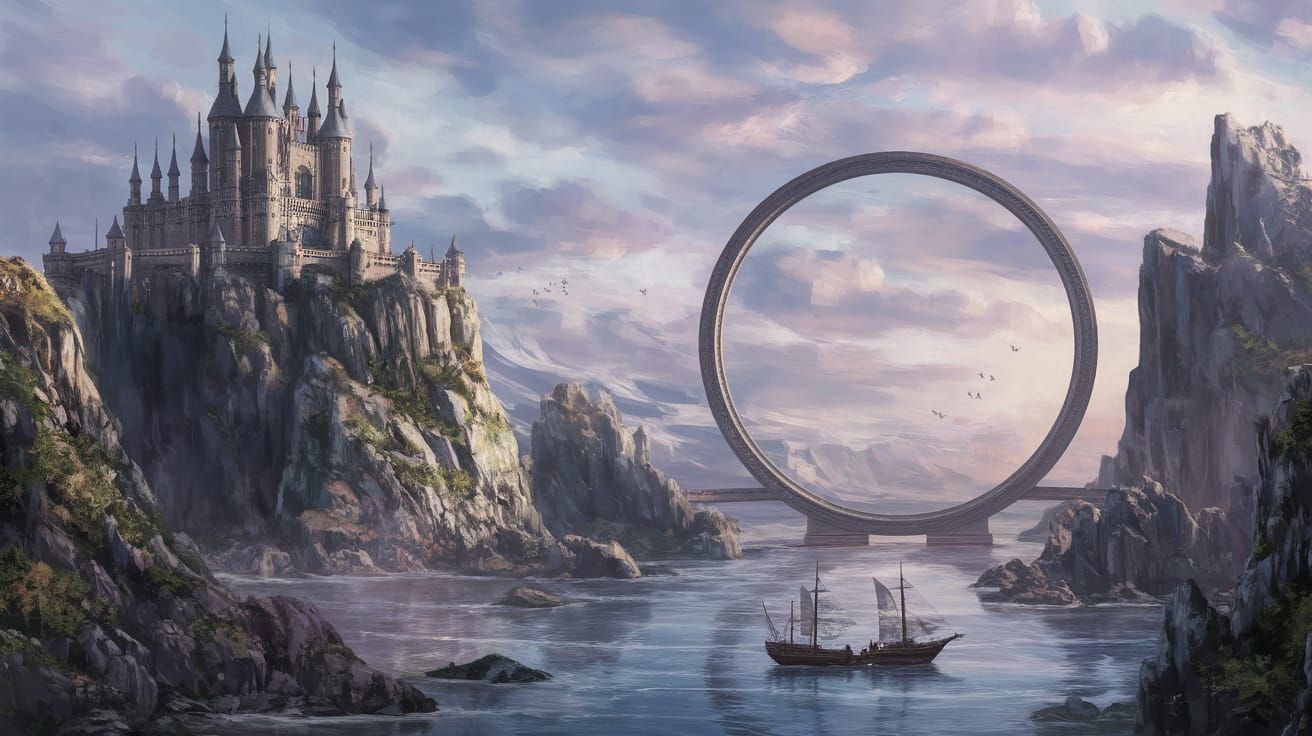 Fantasy Castle on Cliff with Circular Bridge and Ships