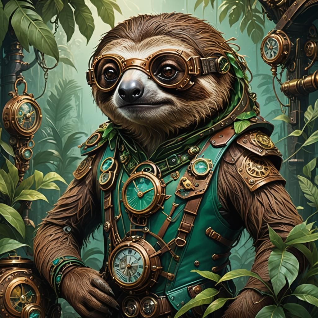 Steampunk Sloth with Timepiece in Jungle
