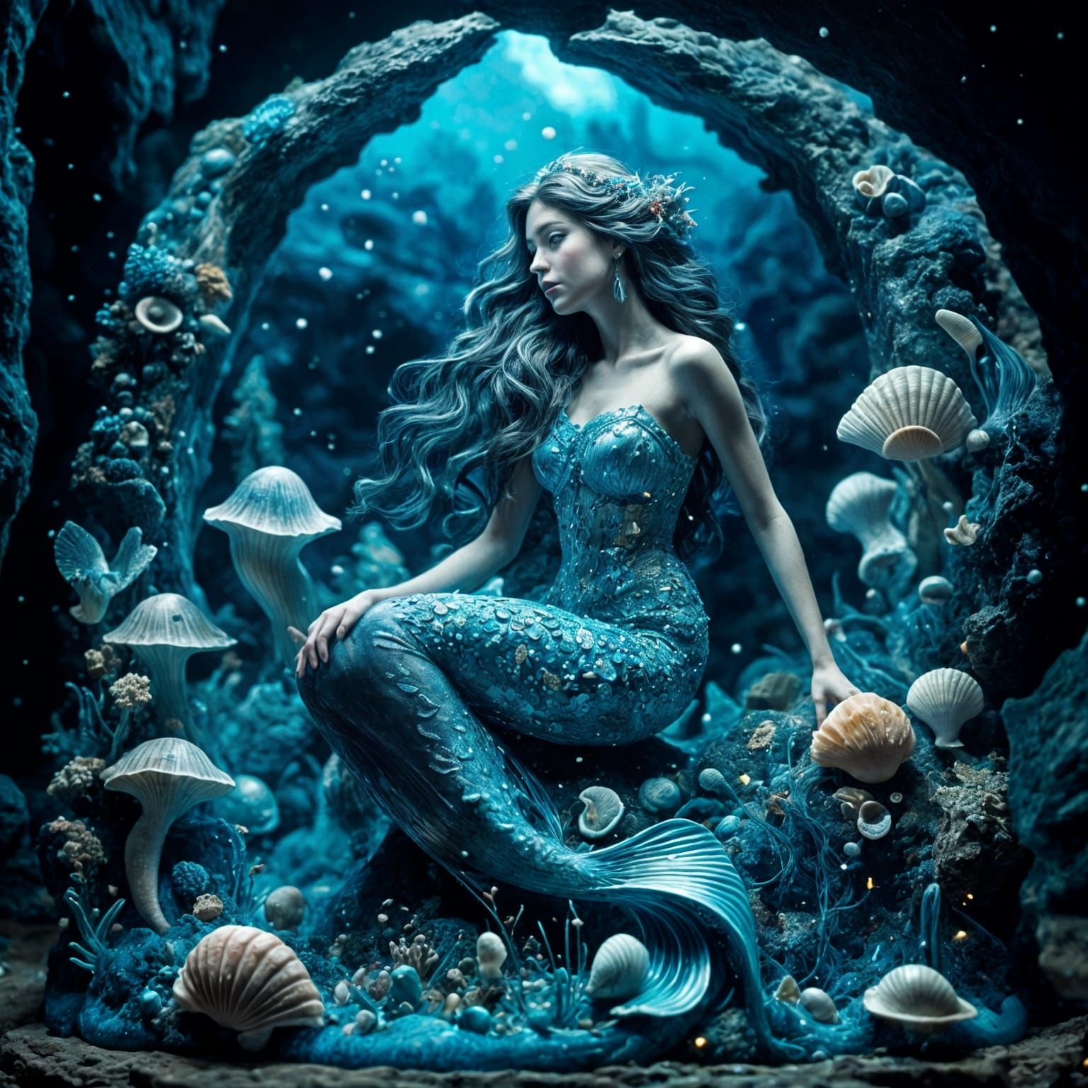 Blue Seashell Mermaid in Glimmering Cave
