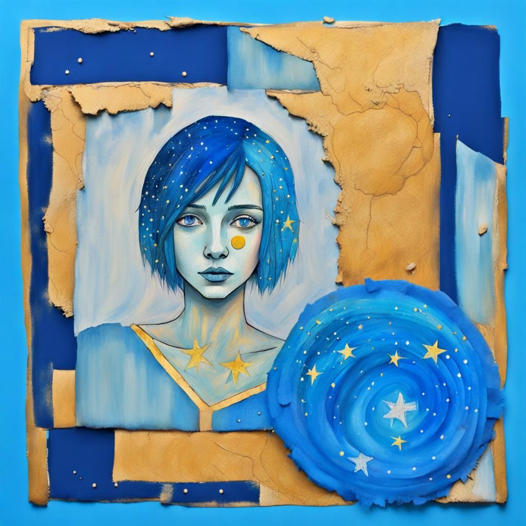 Blue-Haired Woman Portrait in Art Brut Style