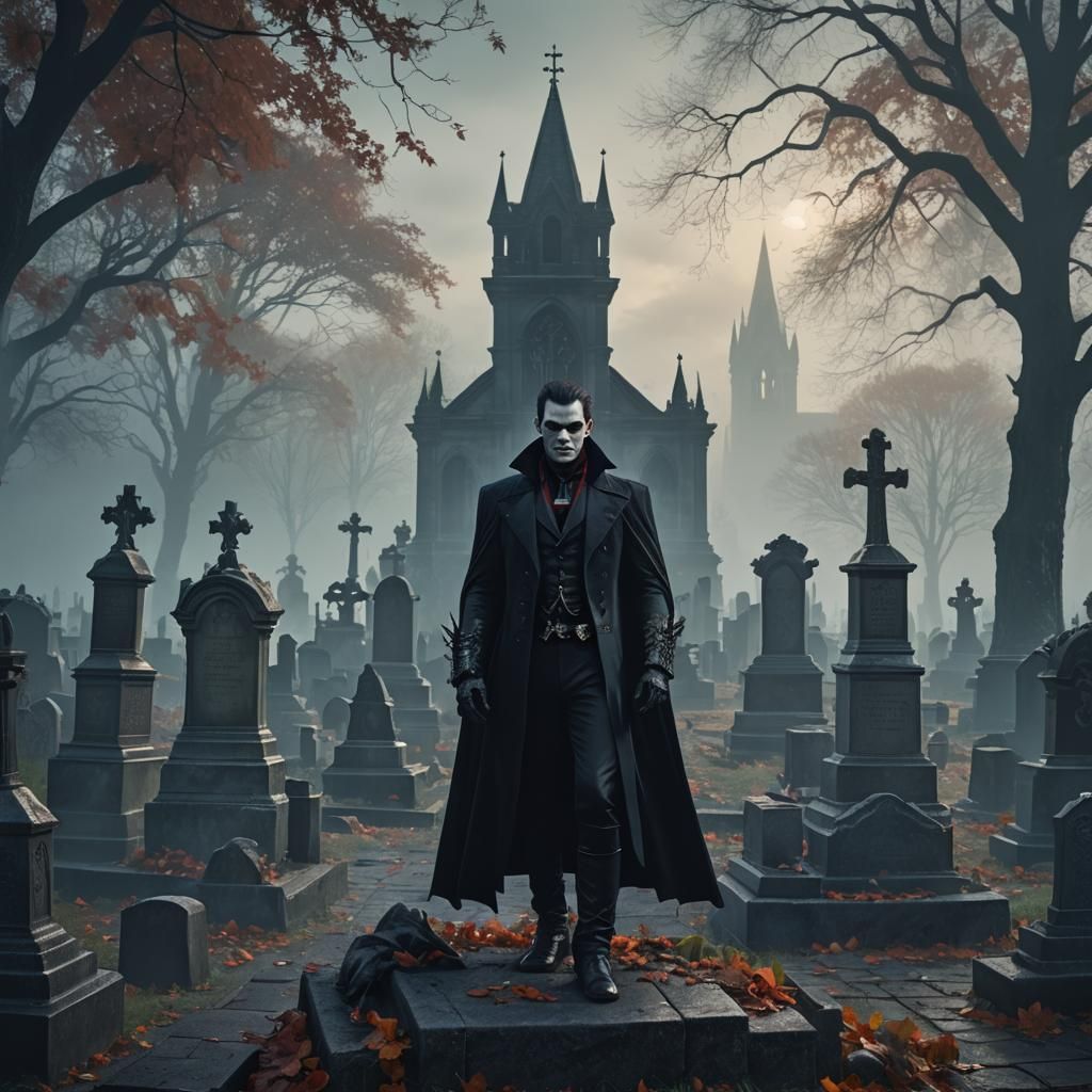 Gothic Vampire in Foggy Cemetery: Detailed Matte Painting