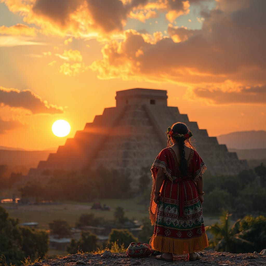 Mexican Woman at Teotihuacan Pyramid, Surreal Digital Art
