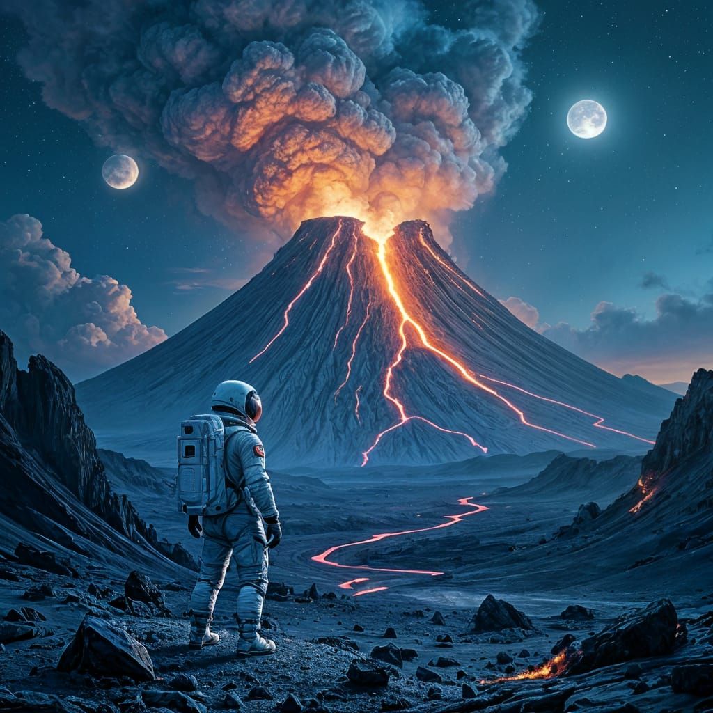 Astronaut on Alien Planet Gazing at Bioluminescent Volcano
