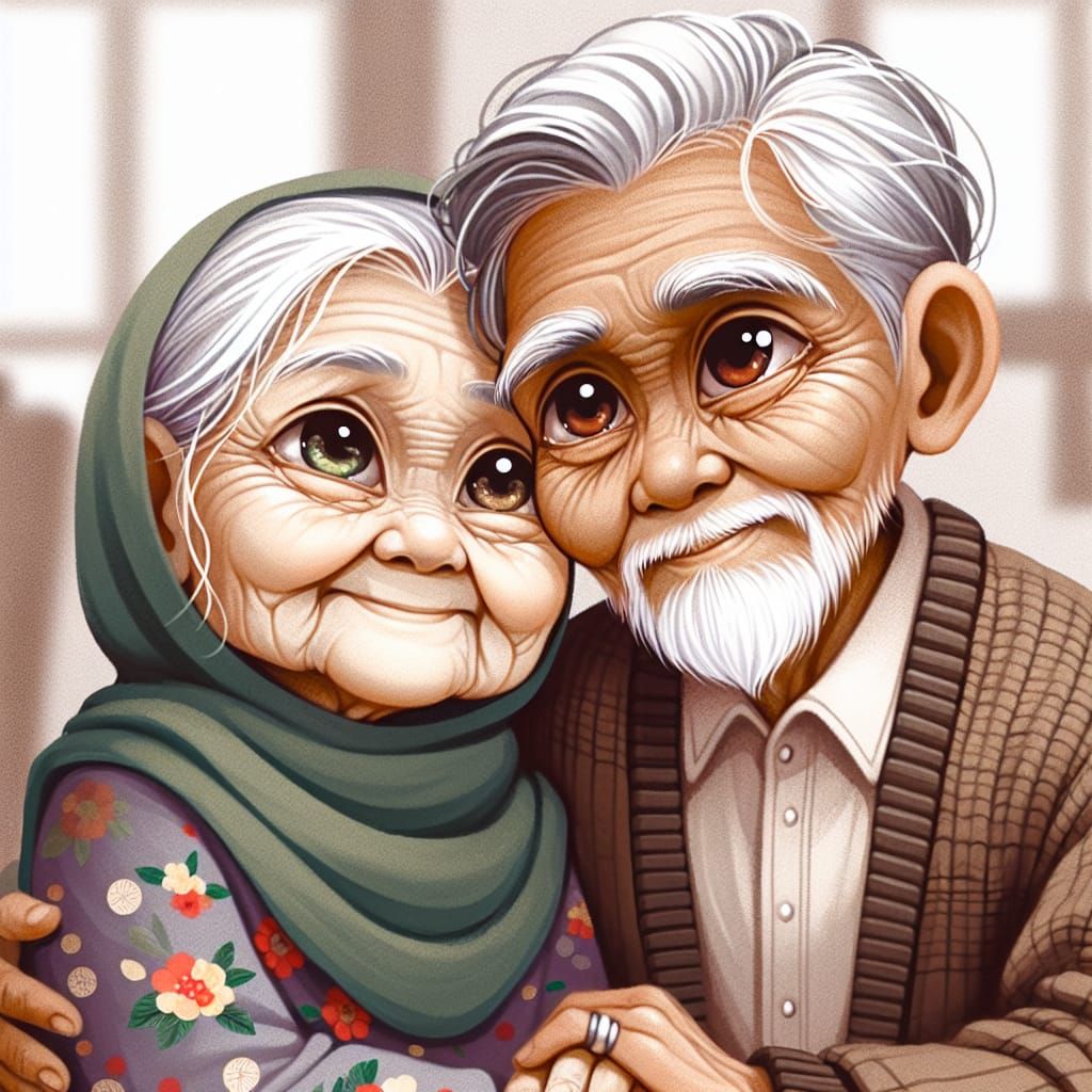Chibi Style: Elderly Couple's Heartwarming Embrace