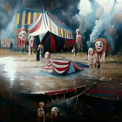 Creepy Circus Scene in Oil Painting Style