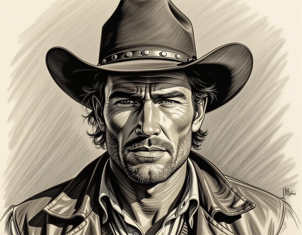 Wild West Outlaw Portrait in Charcoal and Ink