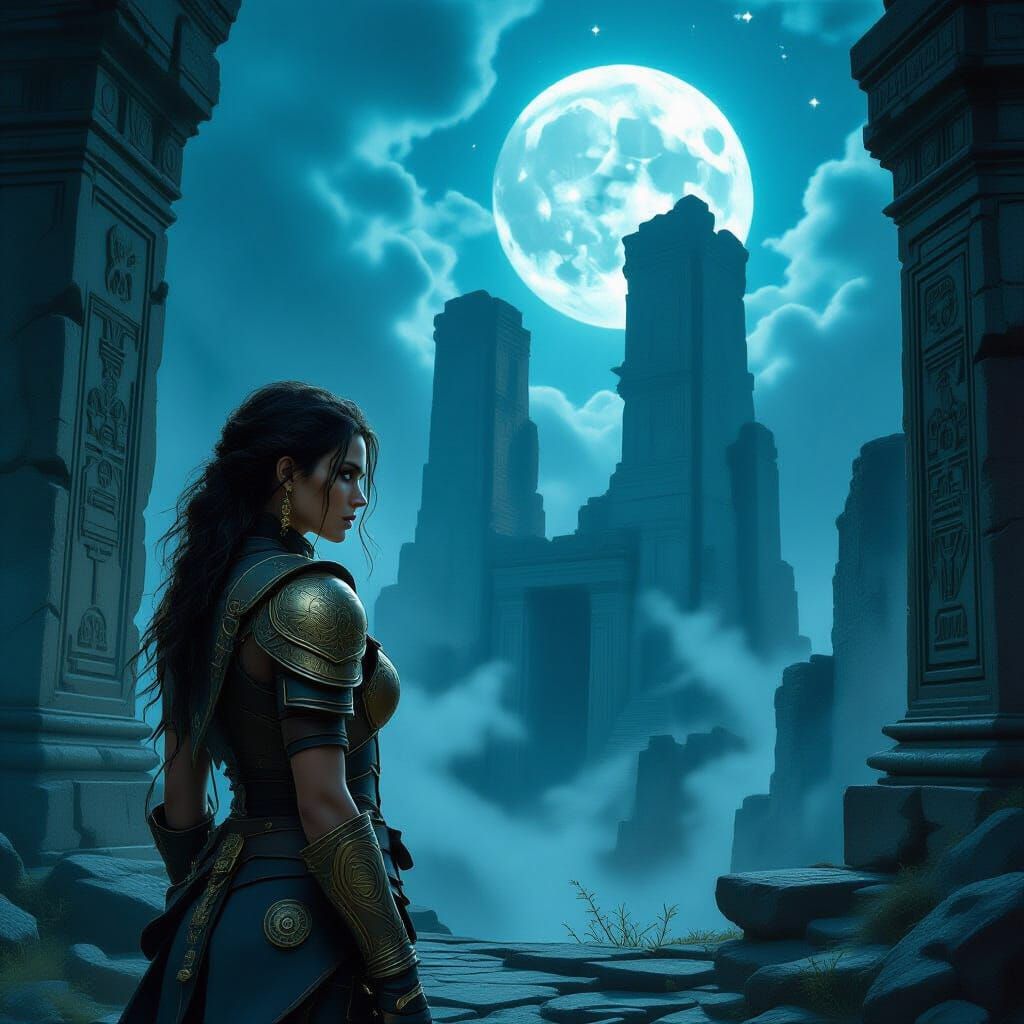 Adventurer at Moonlit Ancient Ruins