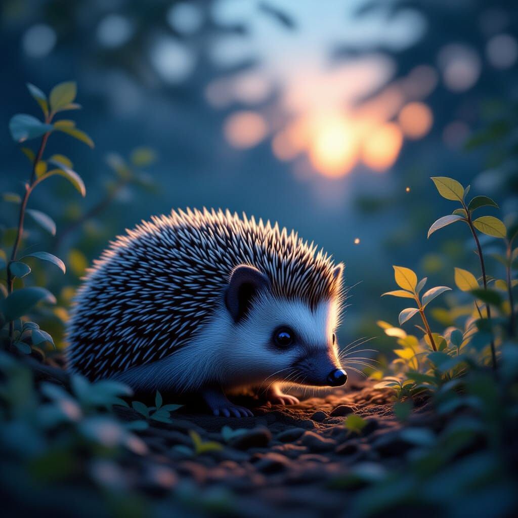 Hedgehog Foraging in Twilight: Atmospheric Digital Matte Pai...