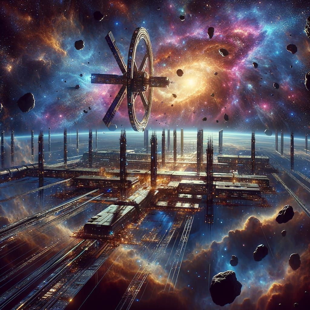 Gigantic Space Station Amidst Cosmic Nebula