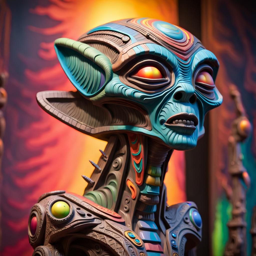 Hyperrealistic Alien Totem Pole Made from Trash