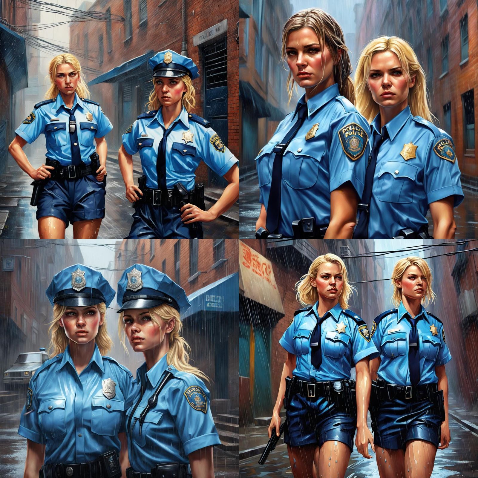 Rain-soaked Policewomen in Alleyway: Splash Art