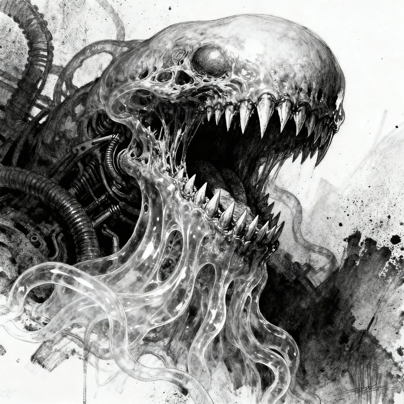Grotesque Jelly Teeth Monster in Gritty Charcoal Style
