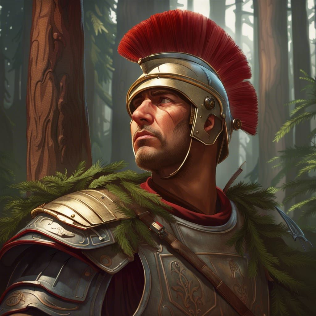 Roman Legionary Portrait in Pine Forest, Detailed Concept Ar...