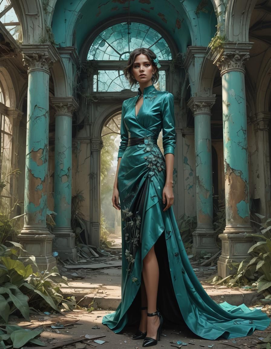 Woman in Turquoise Dress in Apocalyptic Abbey