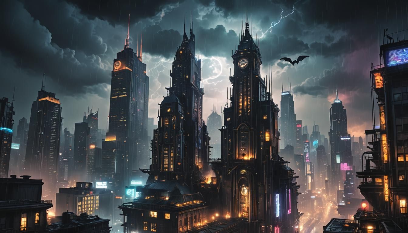 Gotham City Cyberpunk Skyline at Night