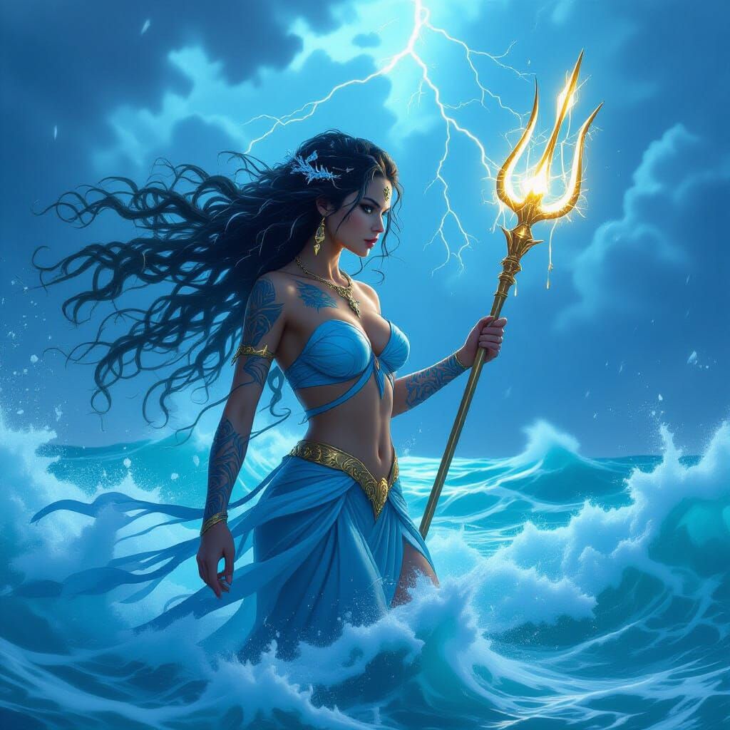Ocean Goddess with Trident on Stormy Waves