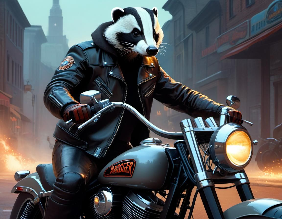 Badger Biker on Harley Davidson, Digital Concept Art