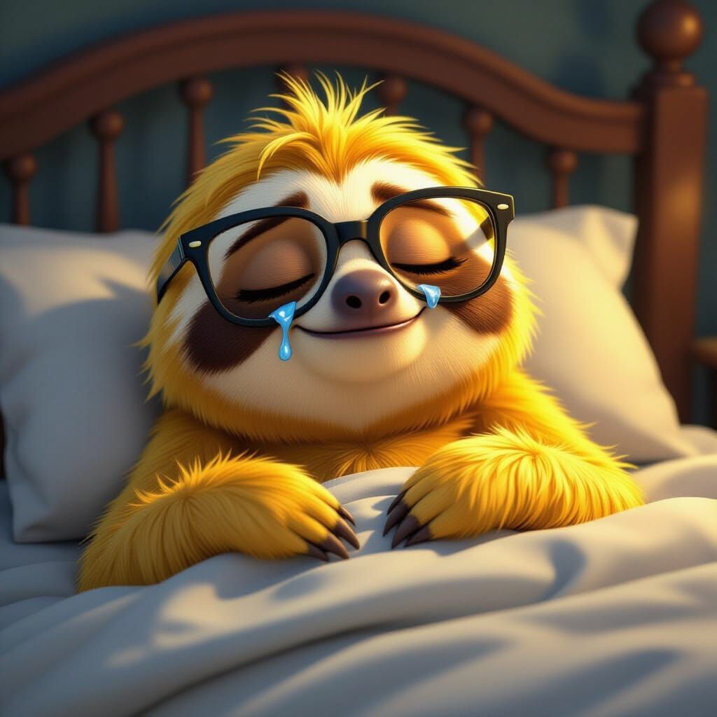 Crying Sloth Praying in Bed: Pixar-Inspired Art