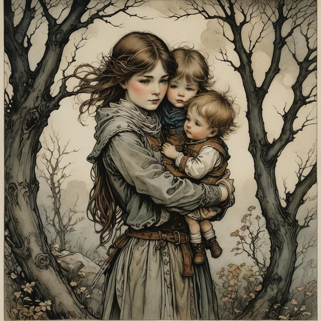 Protective Sister: Whimsical Fairy-Tale Illustration