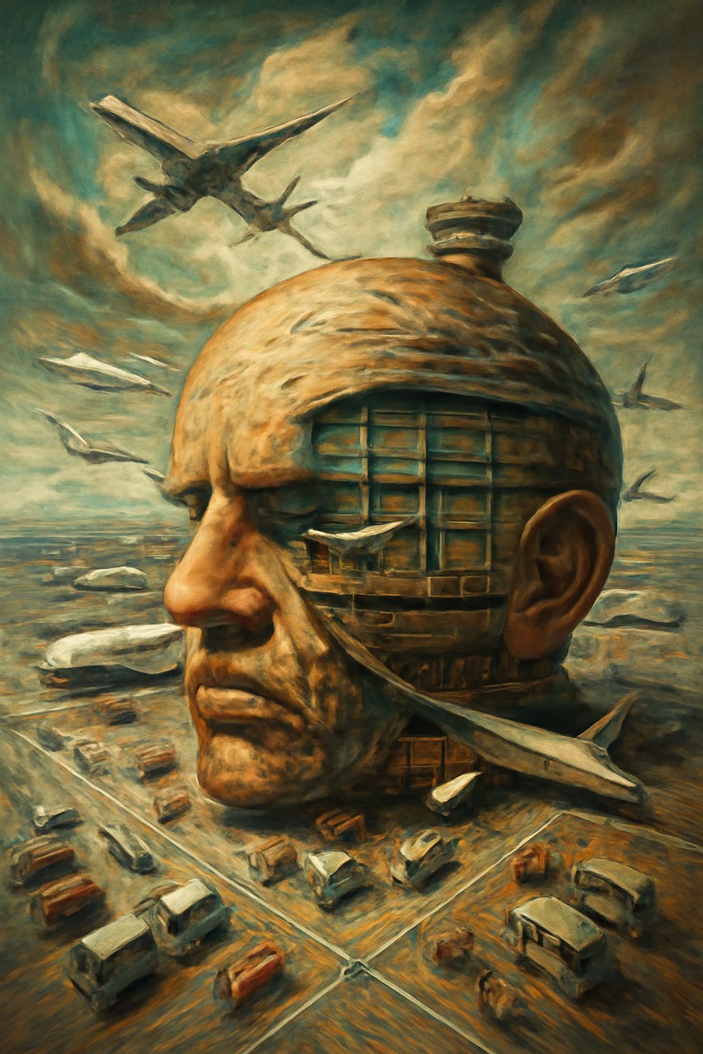 Surreal Giant Head Becomes Bustling Airport Hub