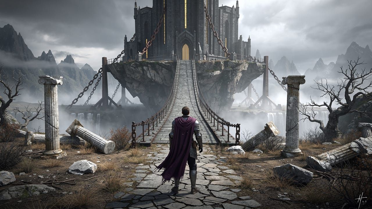 Lone Warrior Approaches Floating Citadel on Stone Bridge