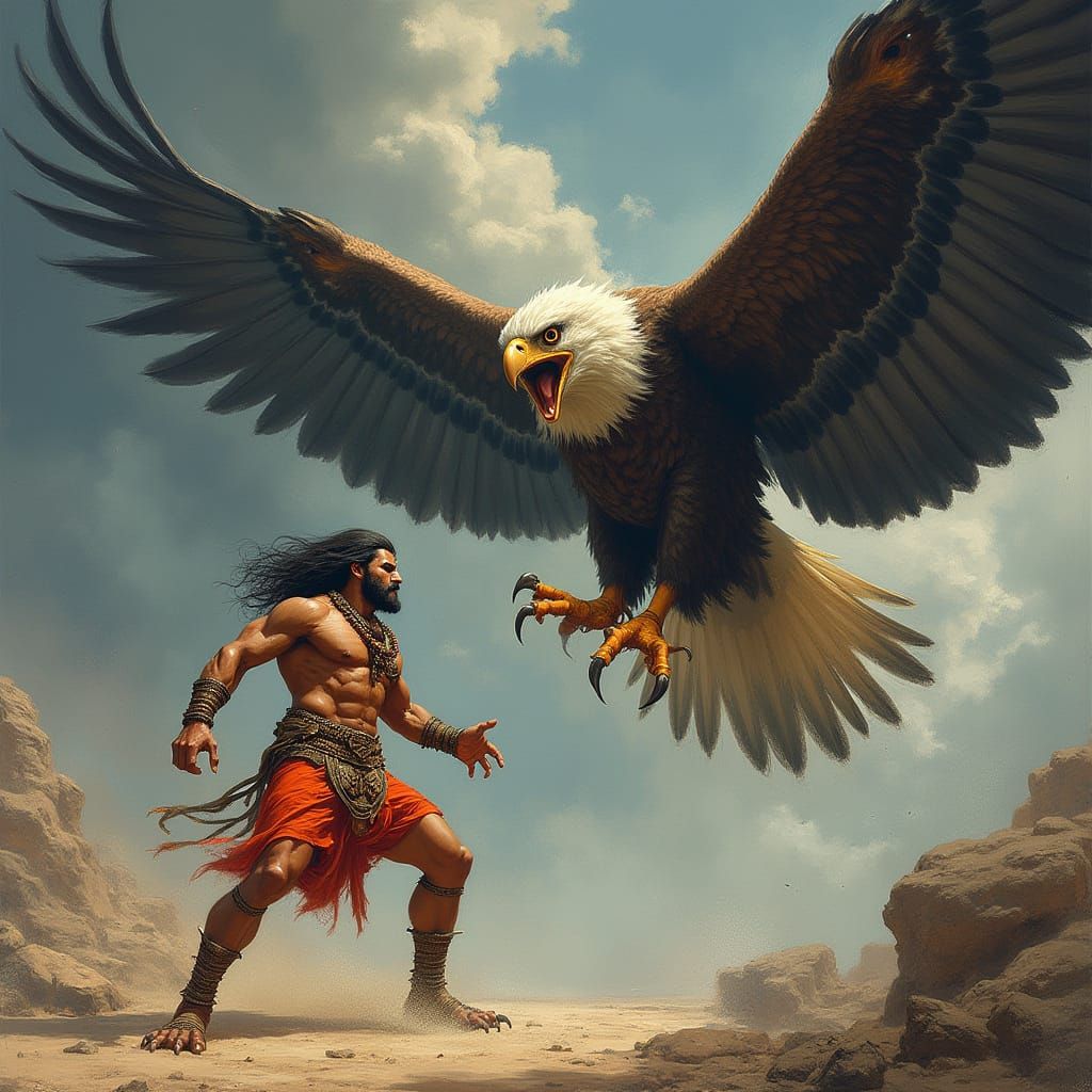 Eagle Attacks Hanuman in a Dramatic Fantasy Art Style